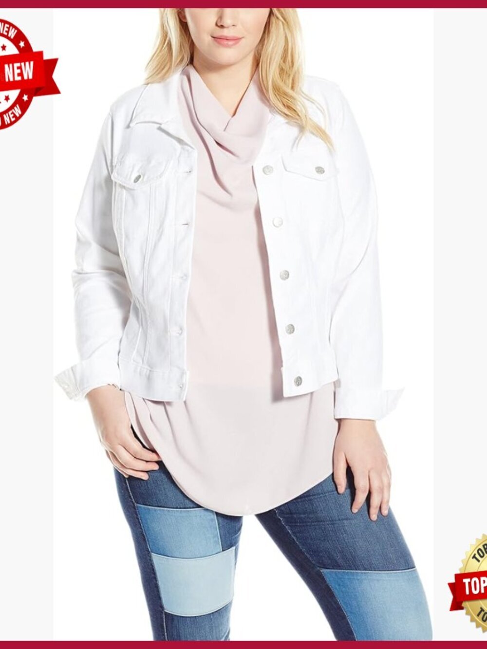 Plus Size Cropped Denim Jacket, Long Sleeve Button Front, Feminine Fit
